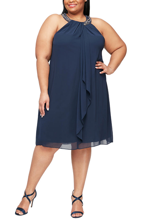 S.L. Fashions Plus Beaded Neckline Chiffon Dress With Cascade Ruffle Detail