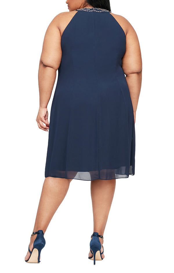 S.L. Fashions Plus Beaded Neckline Chiffon Dress With Cascade Ruffle Detail