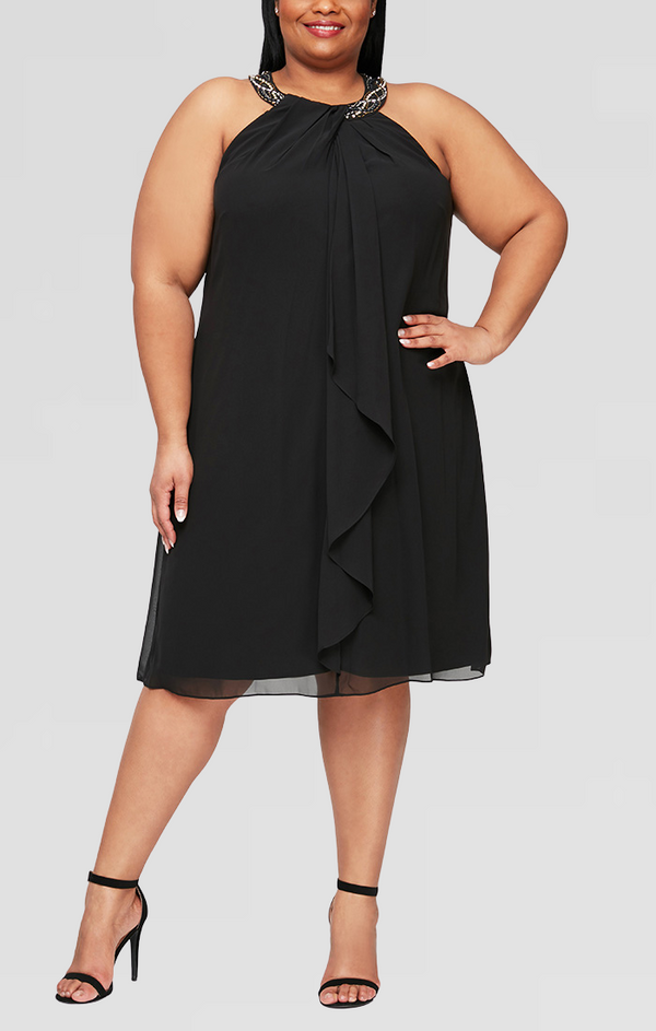 S.L. Fashions Plus Beaded Neckline Chiffon Dress with Cascade Ruffle Detail S.L. Fashions Plus Beaded Neckline Chiffon Dress with Cascade Ruffle Detail