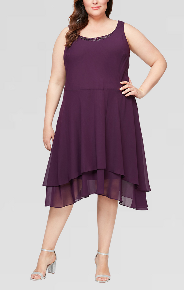 S.L. Fashions Plus - Chiffon Jacket Dress With Beaded Shoulder Detail & Tiered Skirt