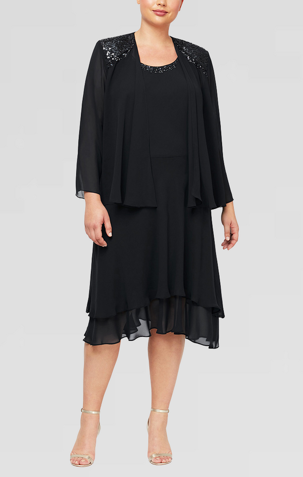 S.L. Fashions Plus - Chiffon Jacket Dress With Beaded Shoulder Detail & Tiered Skirt