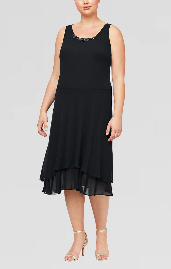 S.L. Fashions Plus - Chiffon Jacket Dress With Beaded Shoulder Detail & Tiered Skirt