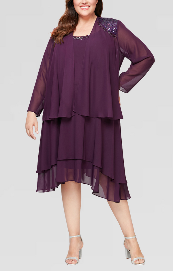 S.L. Fashions Plus - Chiffon Jacket Dress with Beaded Shoulder Detail & Tiered Skirt