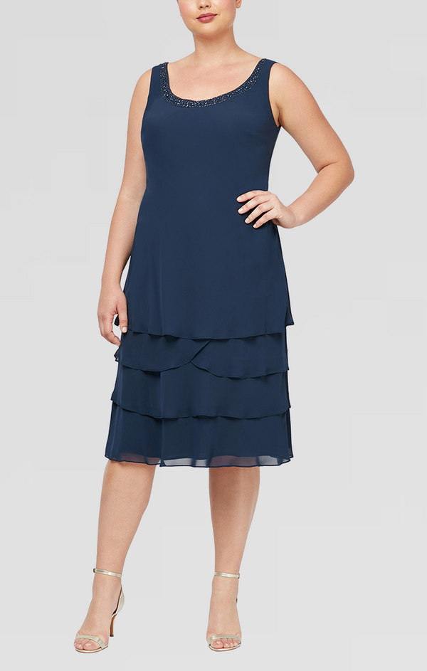 S.L. Fashions Plus Chiffon Tiered Jacket Dress With Beaded Shoulder Detail