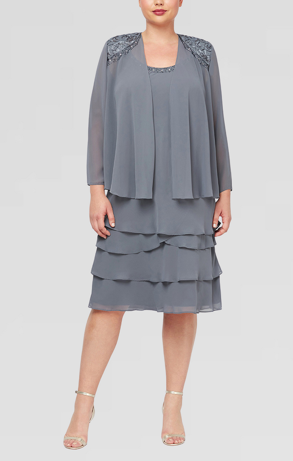 S.L. Fashions Plus Chiffon Tiered Jacket Dress With Beaded Shoulder Detail