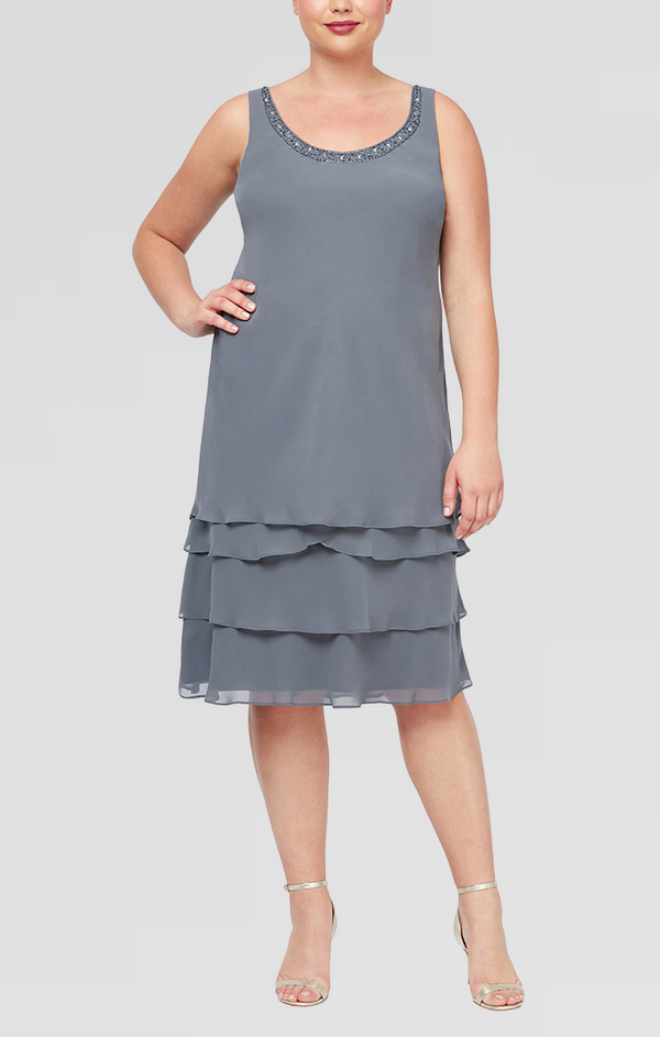 S.L. Fashions Plus Chiffon Tiered Jacket Dress With Beaded Shoulder Detail