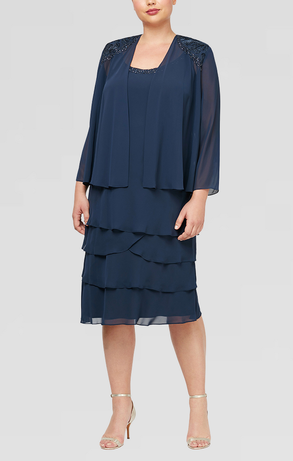 S.L. Fashions Plus Chiffon Tiered Jacket Dress with Beaded Shoulder Detail S.L. Fashions Plus Chiffon Tiered Jacket Dress with Beaded Shoulder Detail