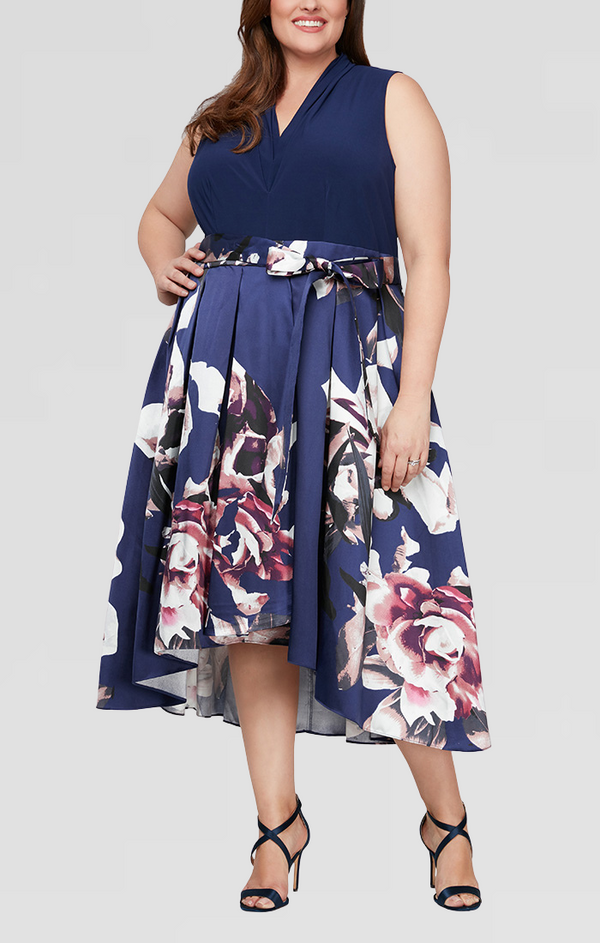 S.L. Fashions Plus Cocktail Dress with High-Low Floral Printed Mikado Silk Skirt