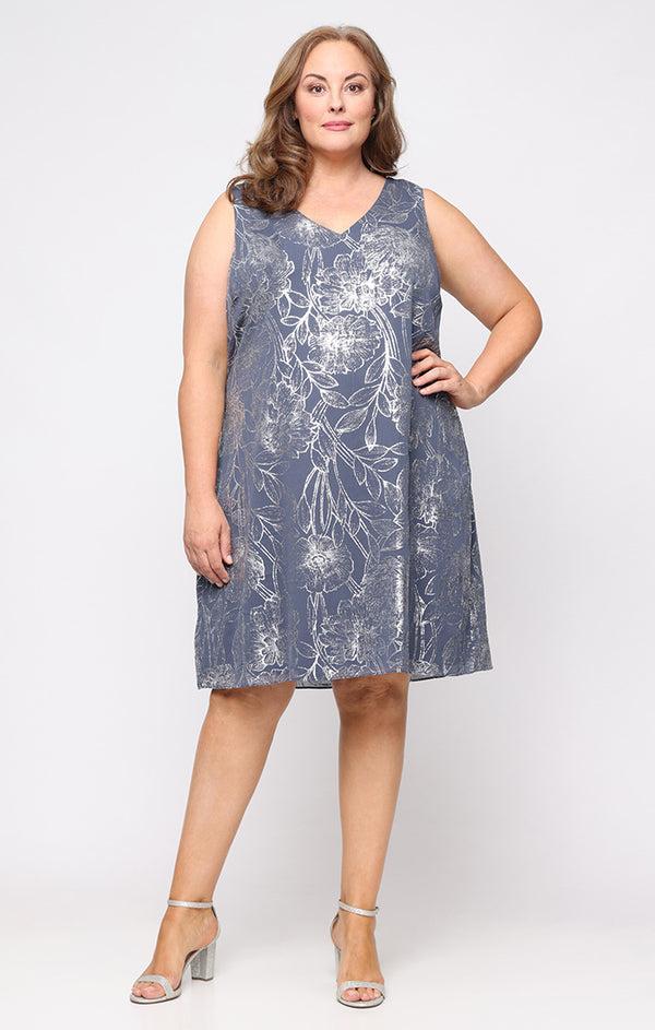 S.L. Fashions Plus Foil A-Line Dress With V-Neckline And Cascade Open Jacket