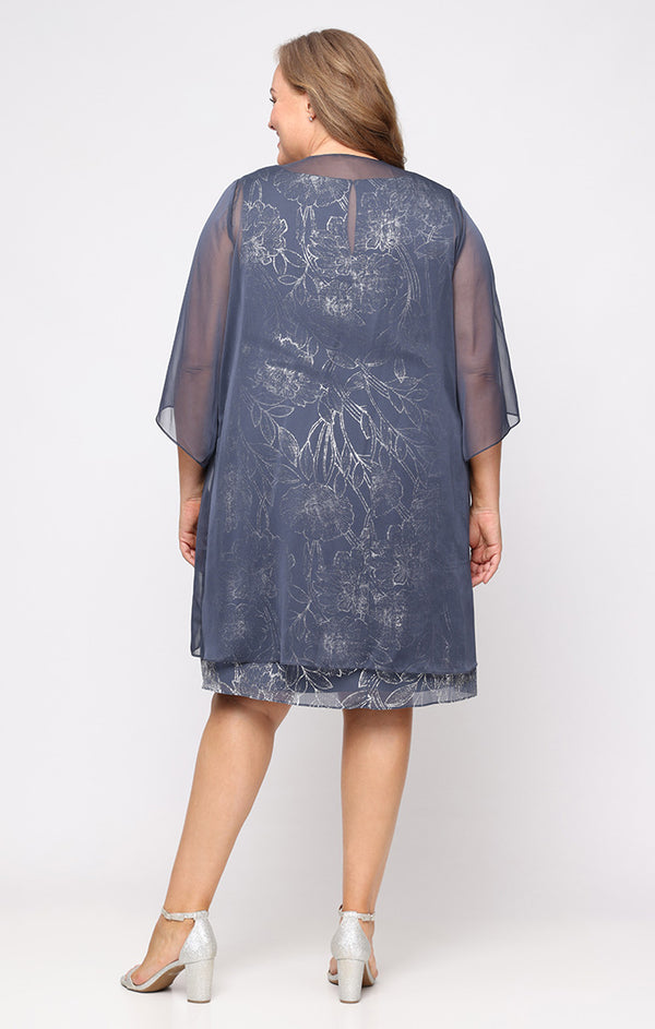 S.L. Fashions Plus Foil A-Line Dress With V-Neckline And Cascade Open Jacket