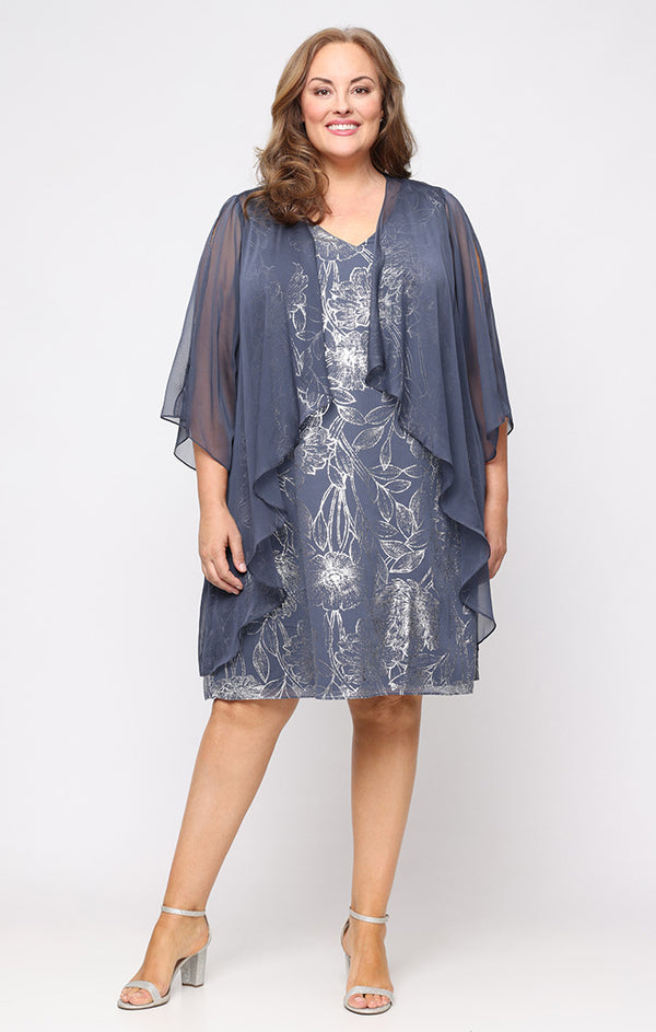 S.L. Fashions Plus Foil A-Line dress with V-Neckline and Cascade Open Jacket