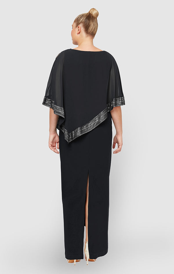 S.L. Fashions Plus Jersey Column Dress With Asymmetrical Chiffon Cape Overlay With Metallic Trim