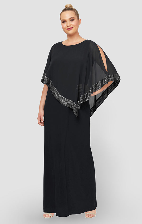 S.L. Fashions Plus Jersey Column Dress with Asymmetrical Chiffon Cape Overlay with Metallic Trim