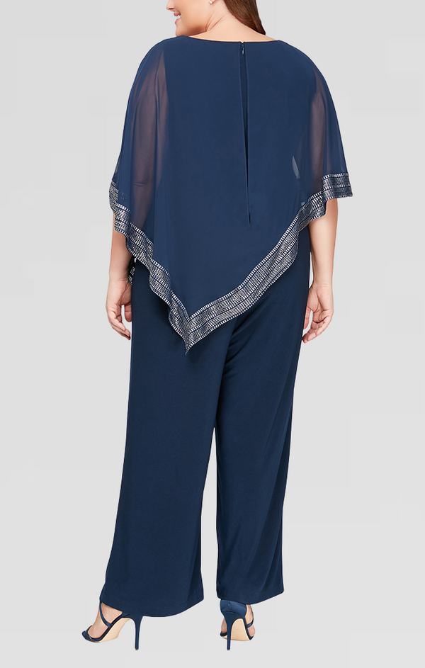 S.L. Fashions Plus Jersey Jumpsuit With Asymmetrical Chiffon Cape With Foil Trim