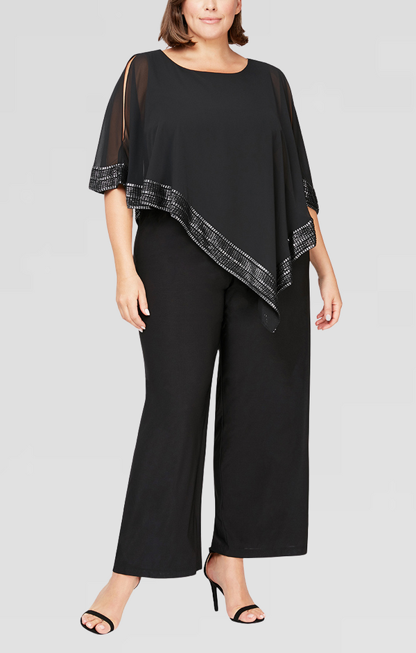 S.L. Fashions Plus Jersey Jumpsuit With Asymmetrical Chiffon Cape With Foil Trim