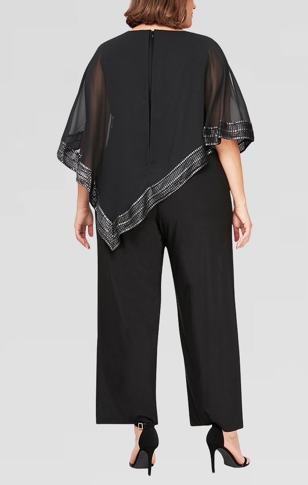 S.L. Fashions Plus Jersey Jumpsuit With Asymmetrical Chiffon Cape With Foil Trim