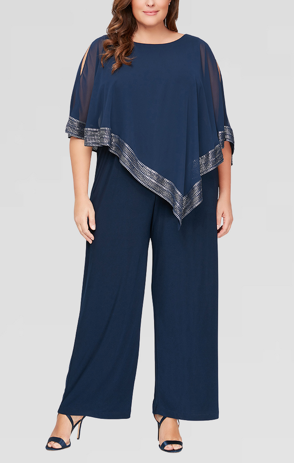S.L. Fashions Plus Jersey Jumpsuit with Asymmetrical Chiffon Cape with Foil Trim