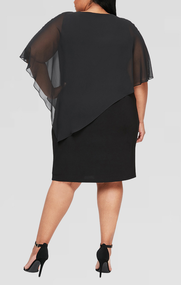 S.L. Fashions Plus Jersey Sheath Dress With Asymmetric Chiffon Capelet With Embellished Illusion Panel