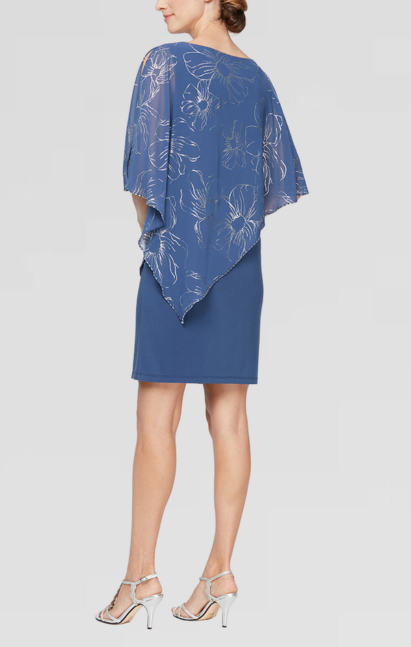 S.L. Fashions Plus Jersey Sheath Dress With Floral Chiffon With Beaded Trim Overlay