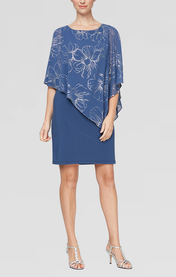 S.L. Fashions Plus Jersey Sheath Dress With Floral Chiffon With Beaded Trim Overlay