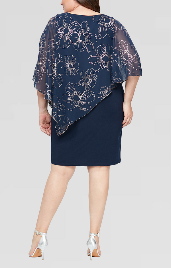 S.L. Fashions Plus Jersey Sheath Dress With Floral Chiffon With Beaded Trim Overlay