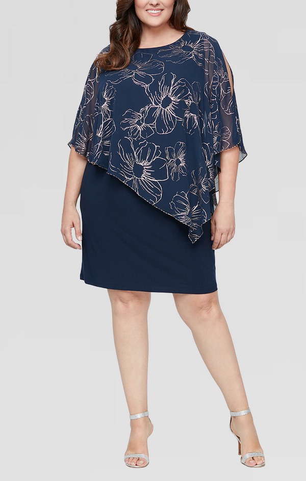 S.L. Fashions Plus Jersey Sheath Dress with Floral Chiffon with Beaded Trim Overlay