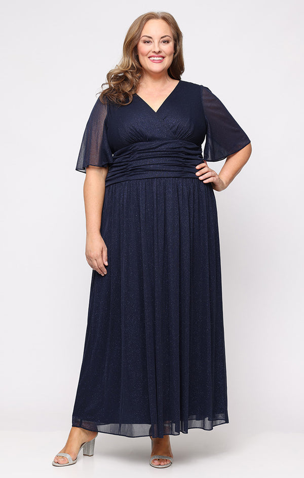 S.L. Fashions Plus Long A-Line Dress With Surplice Neckline Flutter Sleeves and Ruched Waist Detail