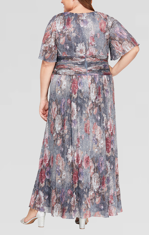 S.L. Fashions Plus - Long A-Line Printed Dress With Surplice Neckline Flutter Sleeves And Ruched Waist Detail