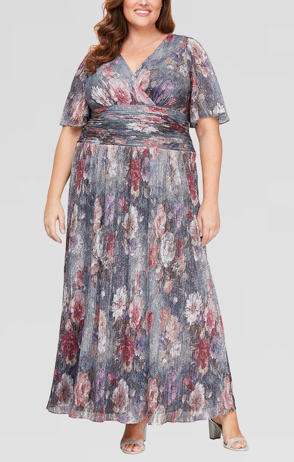 S.L. Fashions Plus - Long A-Line Printed Dress With Surplice Neckline Flutter Sleeves and Ruched Waist Detail