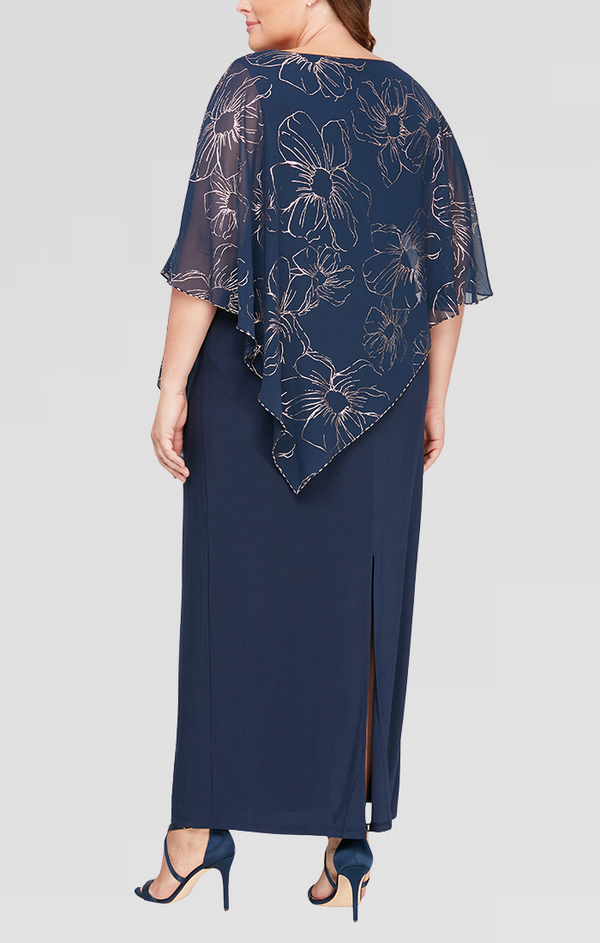 S.L. Fashions Plus Long Column Dress With Foil Printed Asymmetric Overlay