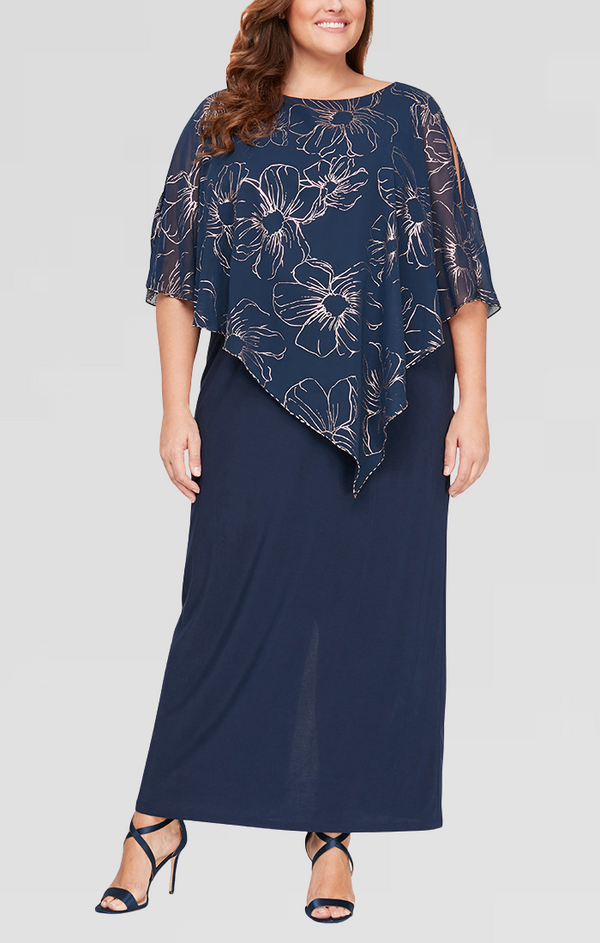 S.L. Fashions Plus Long Column Dress with Foil Printed Asymmetric Overlay