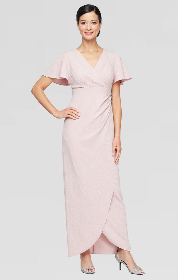 S.L. Fashions Plus Long Empire Waist Dress with Surplice Neckline Flutter Sleeves Embellishment Detail at Hip and Cascade Skirt S.L. Fashions Plus Long Empire Waist Dress with Surplice Neckline Flutter Sleeves Embellishment Detail at Hip and Cascade Skirt