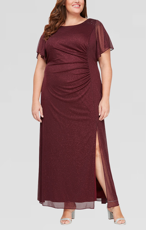 S.L. Fashions Plus Long Fit And Flare Dress With Illusion Flutter Sleeves Embellishment Detail At Shoulders And Front Slit