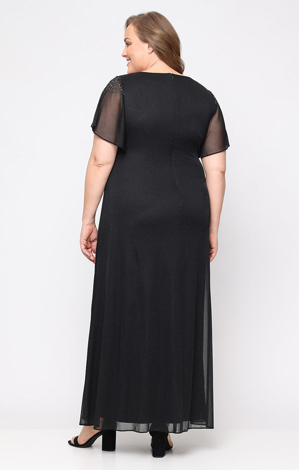 S.L. Fashions Plus Long Fit And Flare Dress With Illusion Flutter Sleeves Embellishment Detail At Shoulders And Front Slit