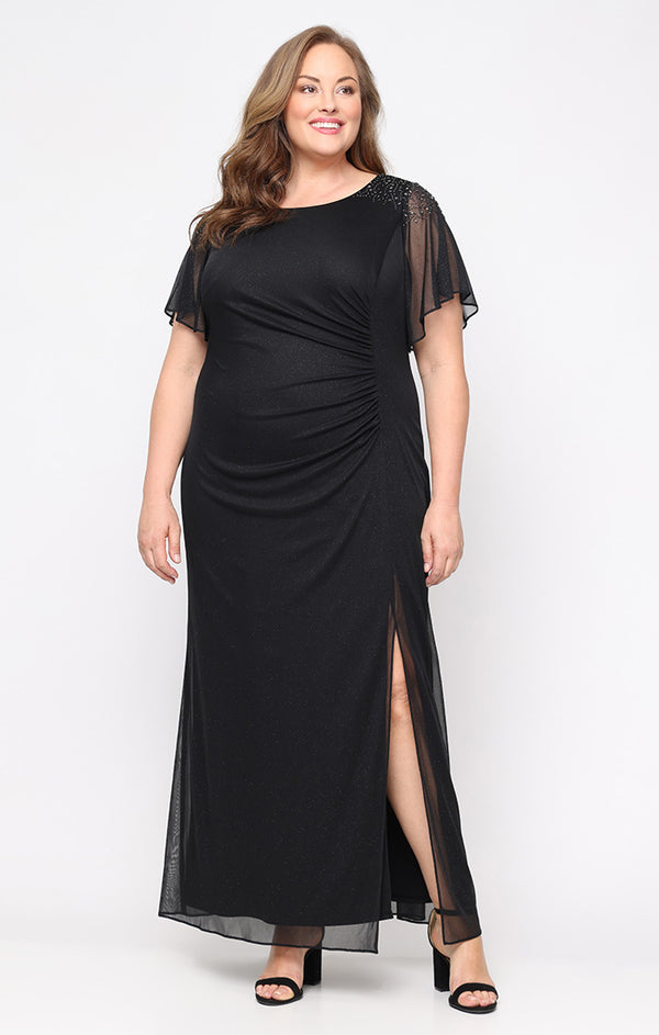 S.L. Fashions Plus Long Fit and Flare Dress With Illusion Flutter Sleeves Embellishment Detail at Shoulders and Front Slit