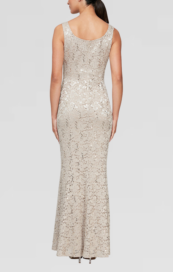 S.L. Fashions Plus - Long Fit And Flare Sequin Lace Dress With Scoop Neckline And Scallop Detail Open Jacket