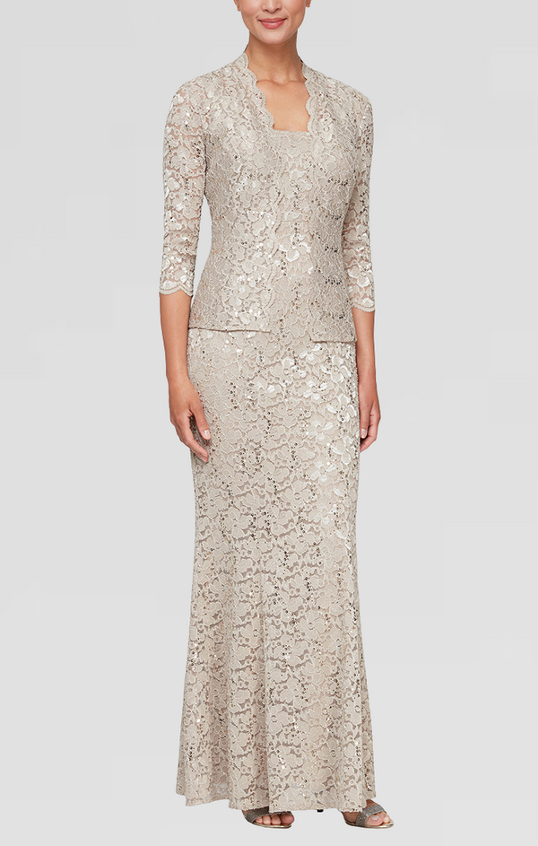 S.L. Fashions Plus - Long Fit and Flare Sequin Lace Dress with Scoop Neckline and Scallop Detail Open Jacket