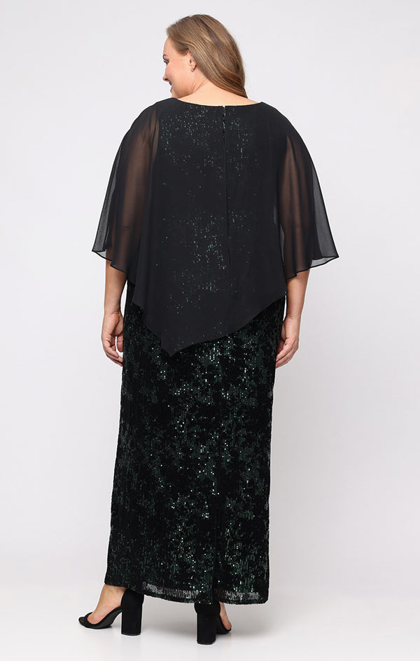 S.L. Fashions Plus Long Flocked Sequin Column Dress With Asymmetric Chiffon V-Neck Overlay