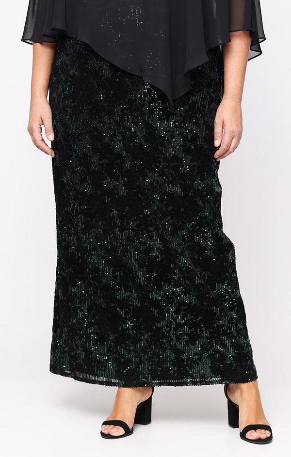 S.L. Fashions Plus Long Flocked Sequin Column Dress With Asymmetric Chiffon V-Neck Overlay