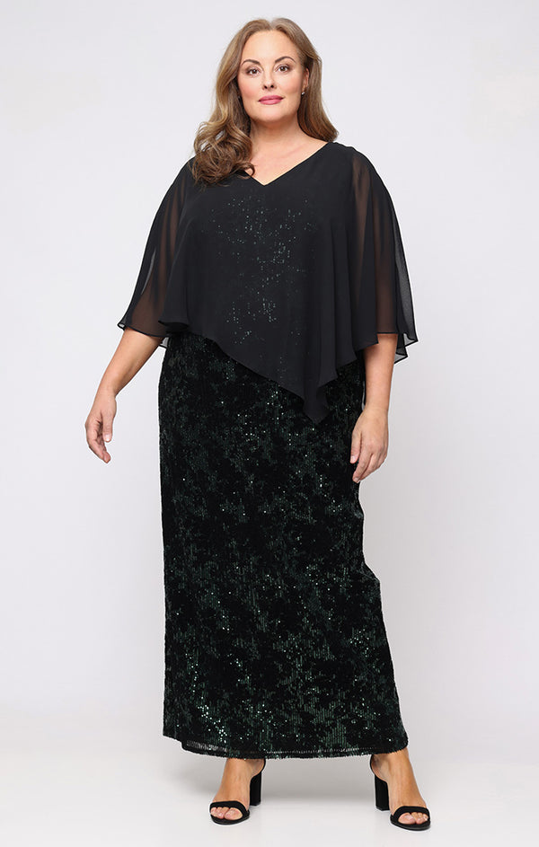 S.L. Fashions Plus Long Flocked Sequin Column Dress with Asymmetric Chiffon V-Neck Overlay