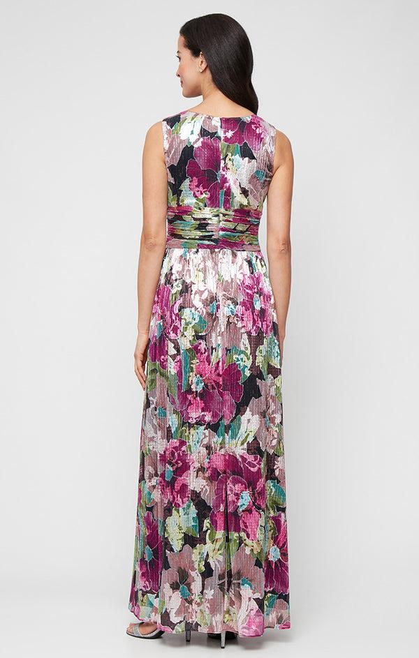 S.L. Fashions Plus - Long Foil Printed Sleeveless Dress With Surplice Neckline And Ruched Waist