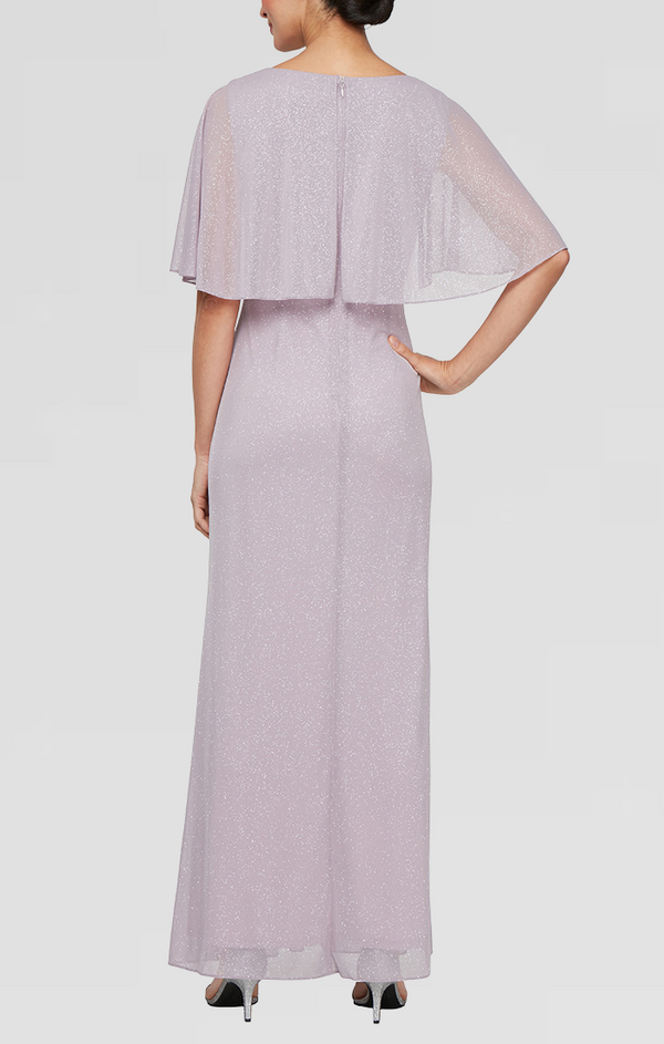 S.L. Fashions Plus Long Glitter Mesh Dress With Embellished Elbow Sleeves And Cascade Overlay Skirt