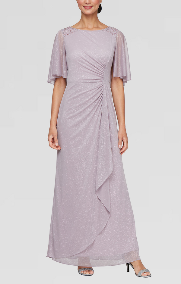 S.L. Fashions Plus Long Glitter Mesh Dress with Embellished Elbow Sleeves and Cascade Overlay Skirt