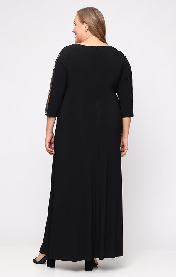 S.L. Fashions Plus Long Matte Jeresy Dress With Ruched Bodice And Embroidered Illusion Inset Sleeves