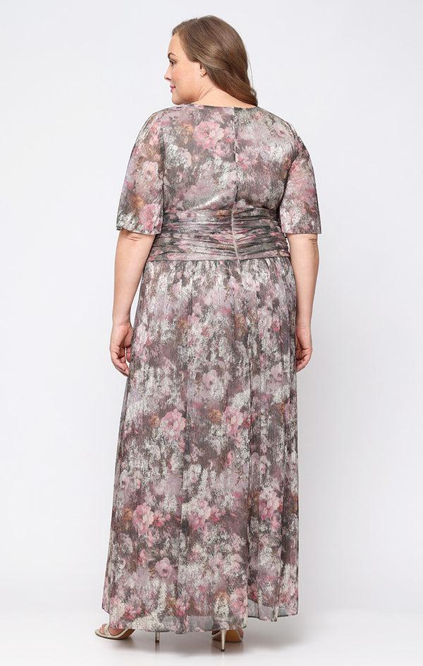 S.L. Fashions Plus - Long Metallic Knit Surplice Dress With Ruched Waist & Flutter Sleeves