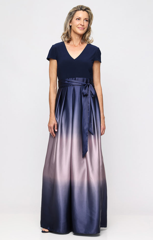 S.L. Fashions Plus Long Ombre Satin Ballgown with Matte Jersey V-Neck Bodice Cap Sleeves and Tie Waist
