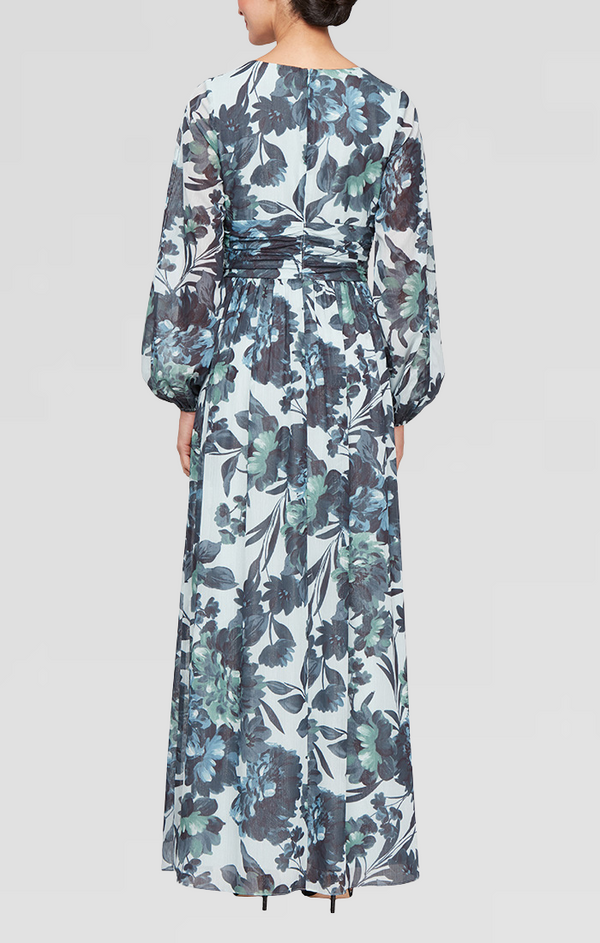 S.L. Fashions Plus - Long Printed Chiffon Maxi With V-Neckline Ruched Waist And Illusion Sleeves