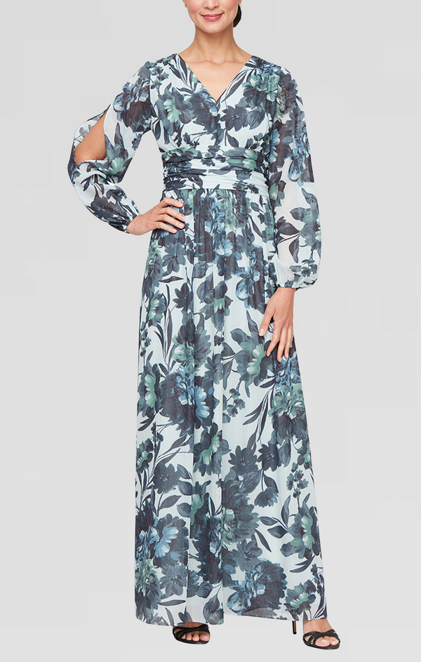S.L. Fashions Plus - Long Printed Chiffon Maxi with V-Neckline Ruched Waist and Illusion Sleeves