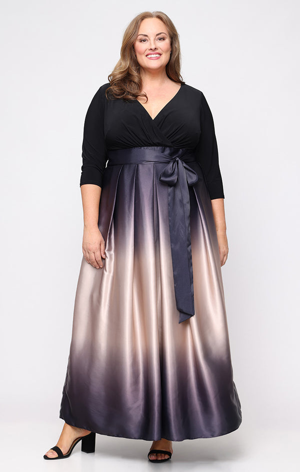 S.L. Fashions Plus Long Satin Charmeuse Ombre Ballgown with Surplice Neckline Bodice