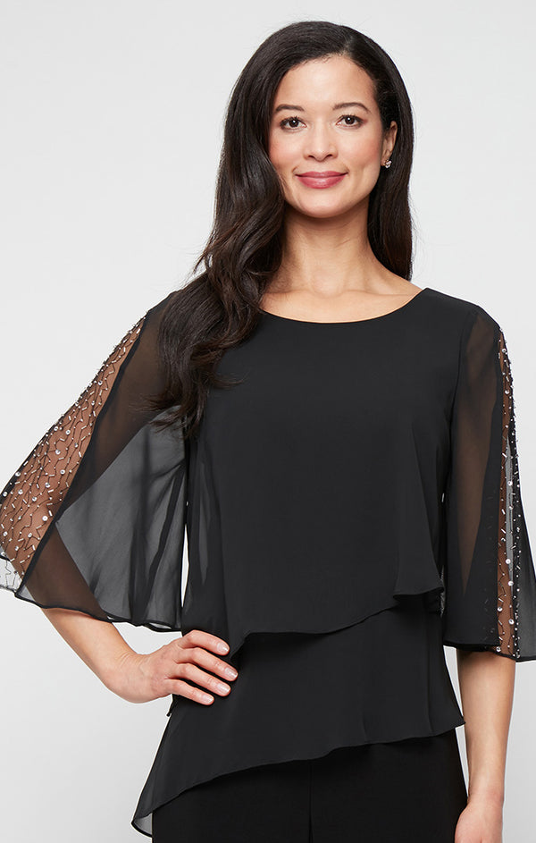 S.L. Fashions Plus Matte Jersey Jumpsuit With Chiffon Double Tier Overlay Bodice And Embellished Sleeves